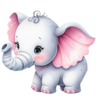 AI generated cute baby elephant watercolor clip art, little baby elephant  cartoon kids design illustration isolated on white background png