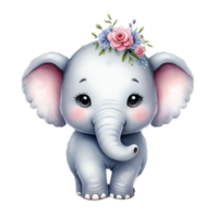 AI generated cute baby elephant watercolor clip art, little baby elephant  cartoon kids design illustration isolated on white background png