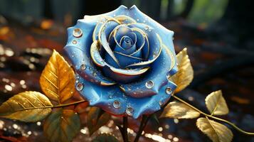 Blue rose flower sunset sky yellow light on golden hours AI generated photo