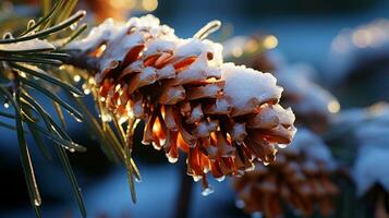 pino Fruta árbol invierno cubierto por nieve ai generado foto