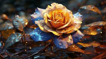 Blue rose flower sunset sky yellow light on golden hours AI generated photo