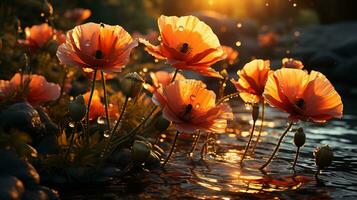 Poppy flower sunset or sunrise sky yellow light on golden hours AI Generated photo