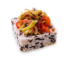 Mixed rice with grilled vegetables on white photo