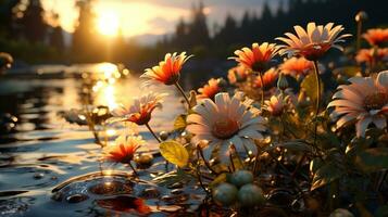 gerbera flor puesta de sol o amanecer cielo idílico en dorado horas ai generado foto