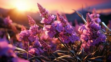 lavanda flor puesta de sol o amanecer cielo amarillo ligero en dorado horas ai generado foto