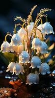 Lily of the valley flower on winter snow evening sun AI generated photo