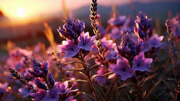 lavanda flor puesta de sol o amanecer cielo amarillo ligero en dorado horas ai generado foto