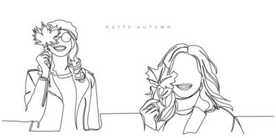 Autumn mood. happy smiling woman holding in her hands yellow maple leaves covering her eyes. vector