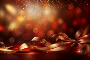 Christmas red background with gift ribbon. Golden holiday New Year. Abstract background, wallpaper with lights, bokeh and sparks. Banner with blurry bokeh and small shiny sprinkles photo