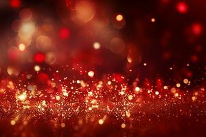 Christmas red background with lights, bokeh and sparks. Golden holiday New Year. Abstract background, wallpaper. Banner with blurry bokeh and small shiny sprinkles photo