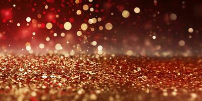 Christmas red background with lights, bokeh and sparks. Golden holiday New Year. Abstract background, wallpaper. Banner with blurry bokeh and small shiny sprinkles photo