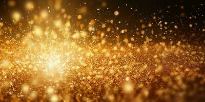 Christmas golden background with lights, bokeh and sparks. Golden holiday New Year. Abstract background, wallpaper. Banner with blurry bokeh and small shiny sprinkles. photo