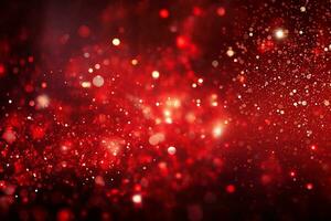 Christmas red background with lights, bokeh and sparks. Golden holiday New Year. Abstract background, wallpaper. Banner with blurry bokeh and small shiny sprinkles photo