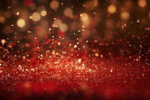 Christmas red background with lights, bokeh and sparks. Golden holiday New Year. Abstract background, wallpaper. Banner with blurry bokeh and small shiny sprinkles photo