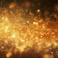 Christmas golden background with lights, bokeh and sparks. Golden holiday New Year. Abstract background, wallpaper. Banner with blurry bokeh and small shiny sprinkles. photo