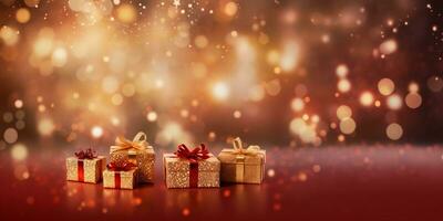 Christmas red background with gift boxes. Golden holiday New Year. Abstract background, wallpaper with lights, bokeh and sparks. Banner with blurry bokeh and small shiny sprinkles photo