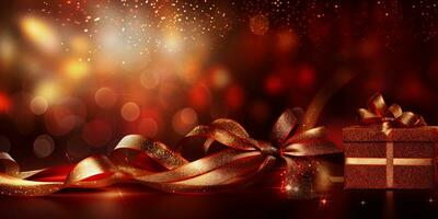 Christmas red background with gift box and ribbon. Golden holiday New Year. Abstract background, wallpaper with lights, bokeh and sparks. Banner with blurry bokeh and small shiny sprinkles photo