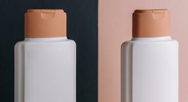 two cosmetic bottles on different backgrounds photo