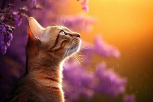 Close-up of cute cat gazing at something with beautiful bokeh background, Generative AI photo