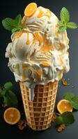 Ice cream cone orange and vanilla cold dessert AI generated photo