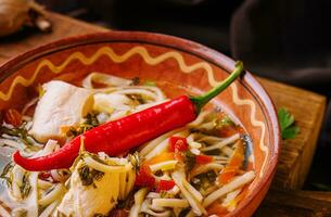 Soup with Chicken Broth with Noodles and Vegetables photo