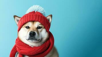 Portrait cute Akita dog on red warm knitted hat and scarf isolated on light blue background with copy space. Winter dogs fashion. AI Generated photo