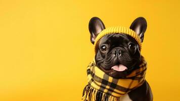 Portrait happy black French bulldog in warm knitted hat and scarf isolated on yellow background with copy space. Cute fancy smiling dog. Winter domestic animals fashion. AI Generated photo