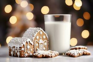Close-up glass of milk with gingerbread cookie with golden blurred Christmas lights background. Festive Xmas or New Year treats. Homemade decorated sweets. AI Generated photo