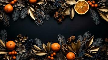 Luxury frame made of Christmas decorations on dark blue background with copy space. Xmas tree branches, oranges, pine cones, cardamom, sea-buckthorn, blueberry and golden leaves. Flatlay. AI Generated photo