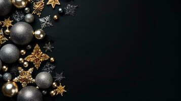 Christmas composition with golden and silver traditional decorations on black background. Merry Xmas and Happy New Year banner template with copy space. Dark winter holidays backdrop. AI Generated photo