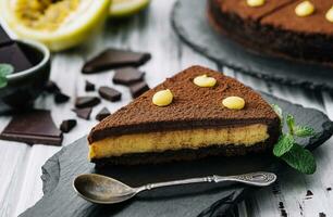 passion fruit chocolate cake with fresh Passion fruit photo