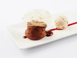 chocolate volcano with vanilla ice cream photo