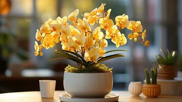 Orchid flower vas on evening sun light photo realistic AI Generated