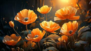 Poppy flower sunset or sunrise sky yellow light on golden hours AI Generated photo