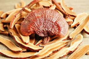 Lingzhi or Reishi mushroom with capsules, organic natural healthy food. photo