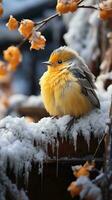 Yellow bird on winter snow AI generated photo