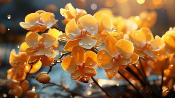 orquídea flor puesta de sol o amanecer cielo amarillo ligero en dorado horas ai generado foto