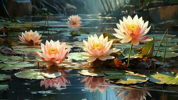 Lotus and flower photo realistic on evening sun AI generated