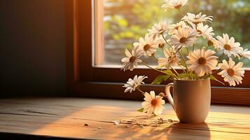 Chamomile plant in vas photo realistic on evening sun AI generated