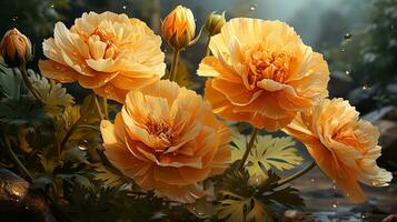 Marigold flower sunset or sunrise sky idyllic on golden hours  AI generated photo