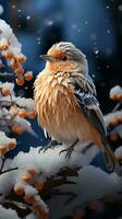 Yellow bird on winter snow AI generated photo