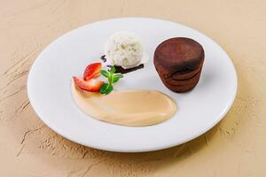 White plate with chocolate fondant cake photo