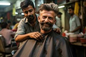 Hairdresser cutting man's hair on the streets of India. Generative AI photo