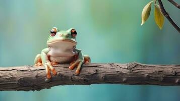 Frog perched on the top of a branch Christmas pastel background, copy space. Generative AI photo