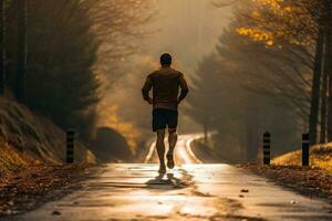 Man running along the road during sunset. Generative AI photo