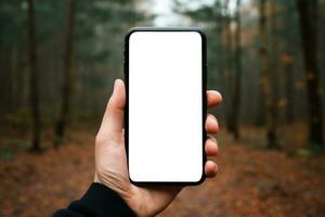 cerca arriba manos participación un teléfono inteligente con blanco. generativo ai foto