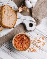 Fresh slice bread on wood top view photo