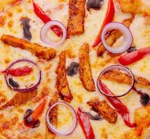 Top view barbecue chicken pizza with vegetables photo