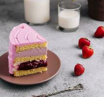 slice of pink cake with milk photo