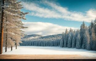 AI generated Winter background with copy space on a wooden desk with a winter view of pine trees in the background with a clear sky photo